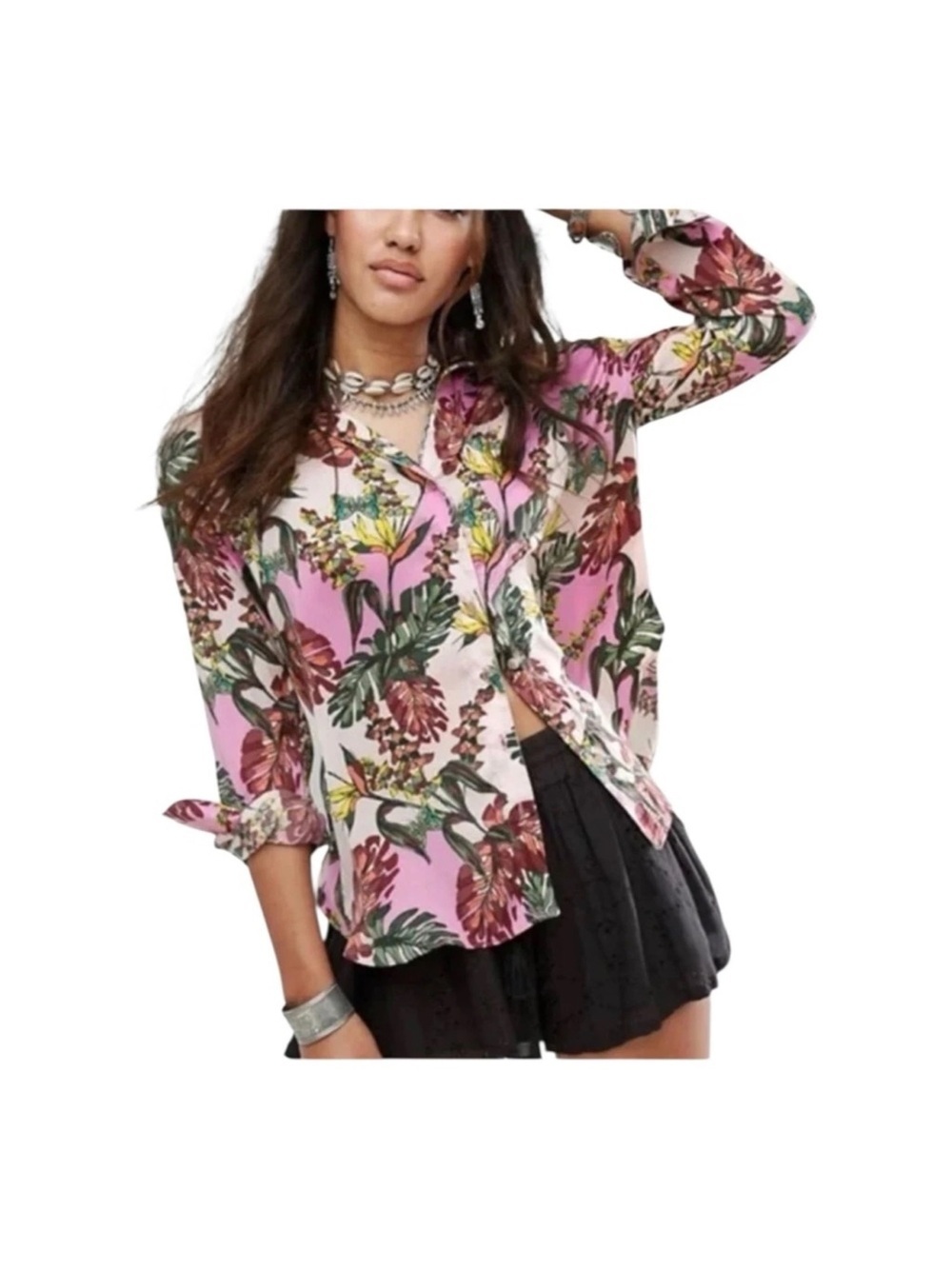 Free People Under The Palm Leaves Tropical Button Down Shirt Womens Size XS